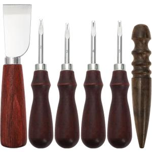 ZEAYEA 6 Piece Leather Knife Set, Including 4 Edge Beveler, 1 Skiving Knife and 1 Sandalwood Burnisher, Leather Craft Tool Set for Craft Cutting, Shoe Repair, DIY Projects