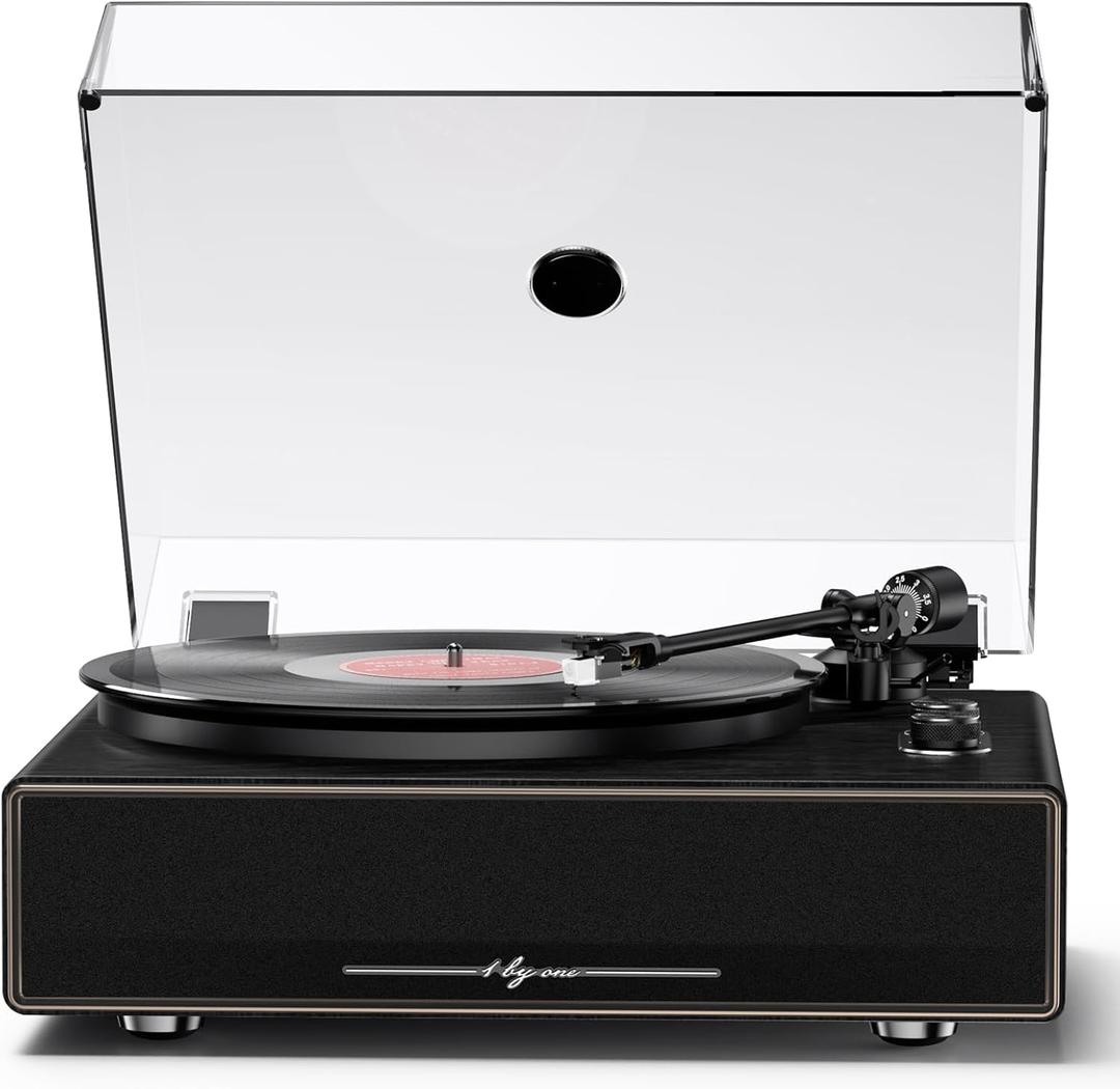 1 by ONE High Fidelity All-in-One Record Player, Vinyl Turntable with Built-in Speakers, Magnetic AT-3600L Cartridge, RCA Line Out, Belt-Drive Stereo Turntable (Black)