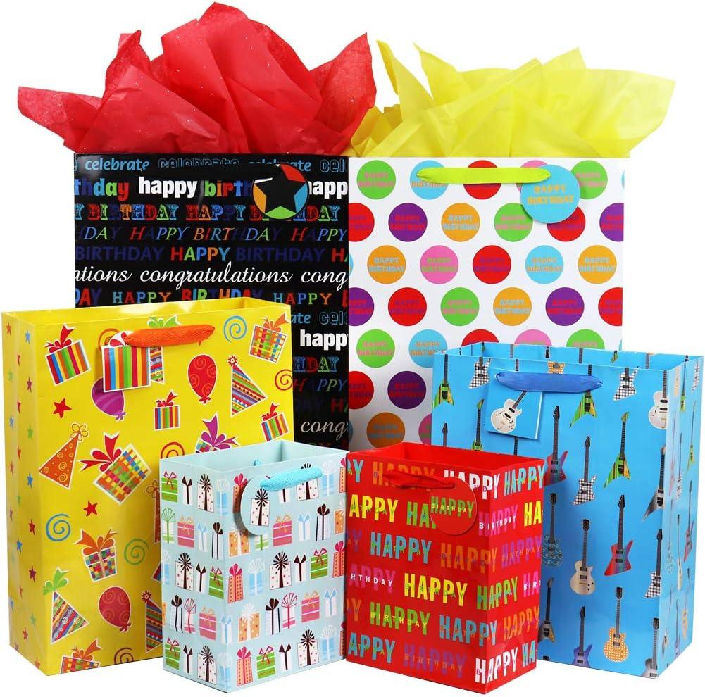FZOPO Birthday Gift Bag Assortment with Ribbon Handle, 12 Pcs Premium Quality Assorted Sizes Paper Bags Set, XL 13x17x6.5, Large 12x15x4.8, Medium 7x9x4.2 inches, 6 Designs