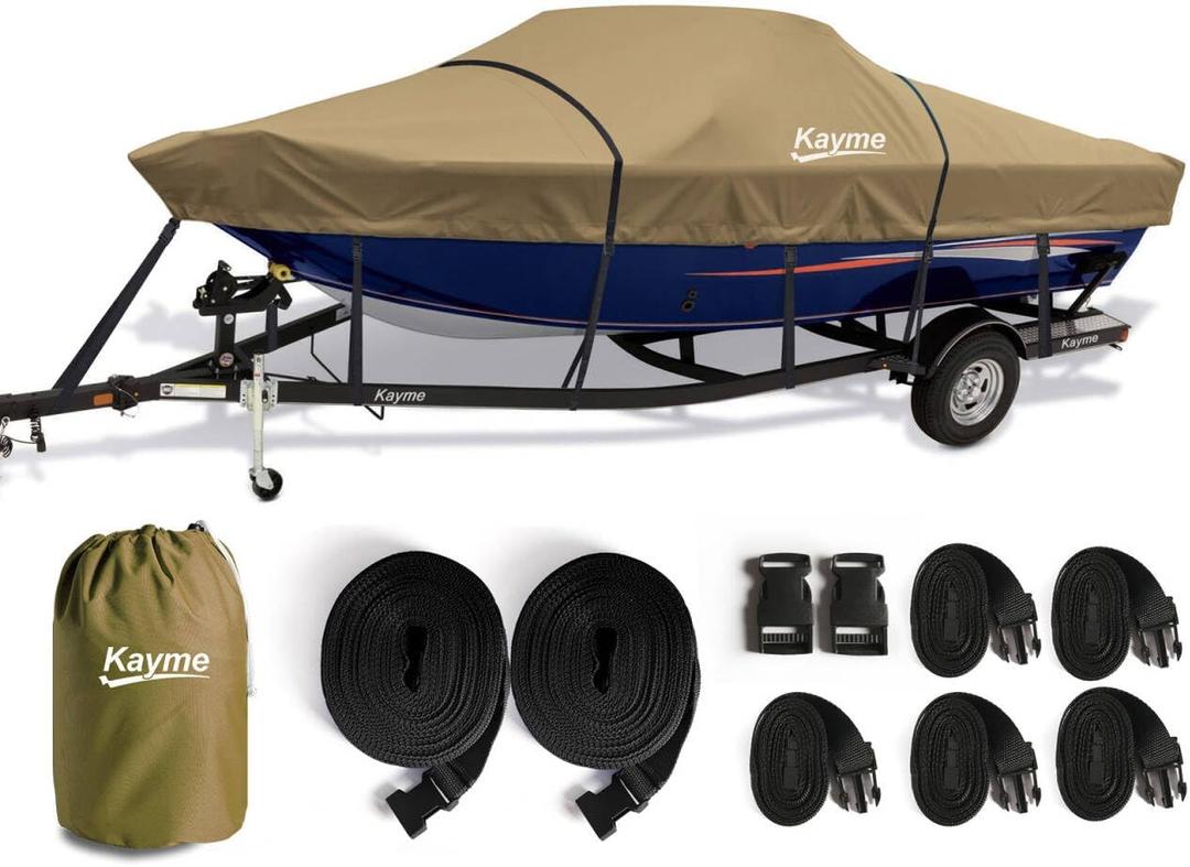 Kayme 1200D Heavy Duty Boat Cover for 14-16ft Boats - Waterproof, Tear Resistant with Reinforced Windproof Straps, Ideal for Fishing, Bass, Fish & Ski,V-Hull Boat. (Model B - Length:14'-16' Beam width: up to 90", Khaki)