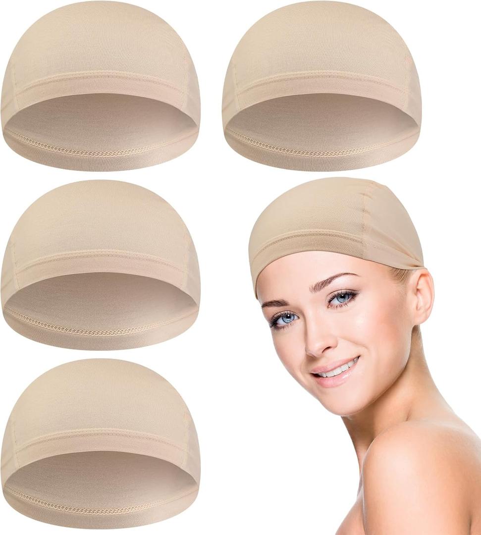 4 Pcs Wig Caps Fiber Wig Liner Skull Cap Chemo Headwear Helmet Liner Sleep Hats for Hairloss Cancer Patient (Large, Beige)