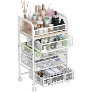 Makeup Organizer with 4 Drawers, Skincare Storage, Floor Skincare Organizers with Wheels Nameplates,Vanity Cosmetic Holder for Perfume, Nail Polish, Brushes, White