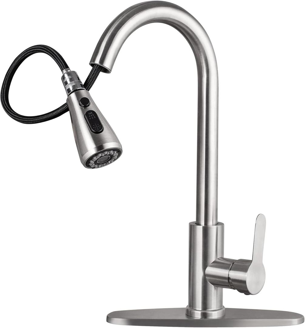 Kitchen Sink Faucet with Pull Down Sprayer with Deck Plate Home Handle Stainless Steel 360 High Arc Swivel Efficient Cleaning Brushed Out Kitchens Tap Faucets (Brushed Nickel)