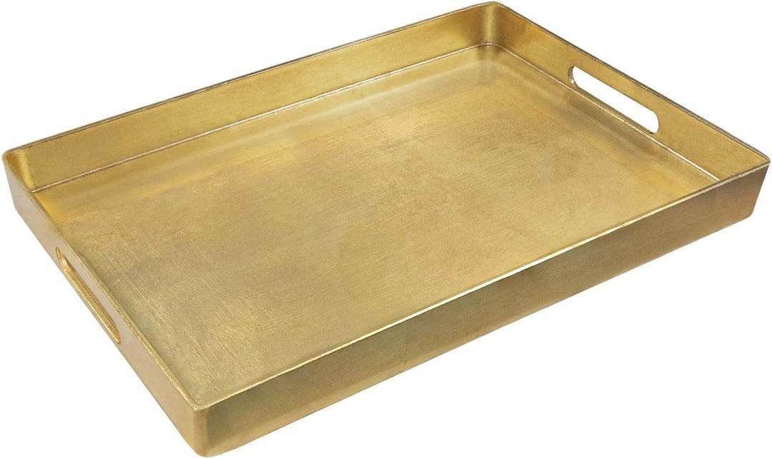 MAONAME Gold Decorative Tray with Handles, Foil Serving Tray for Ottoman, Rectangular Coffee Trays for Living Room, Bathroom, 11.8" L x 8" W x 1.6" H