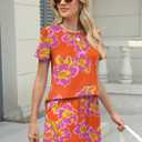 TCOT Pajamas for Women Set Summer Fashion Short Sleeve Crewneck Tops with Skirt Sets Pajama Casual Loungewear (Small, A Orange Purple Floral)