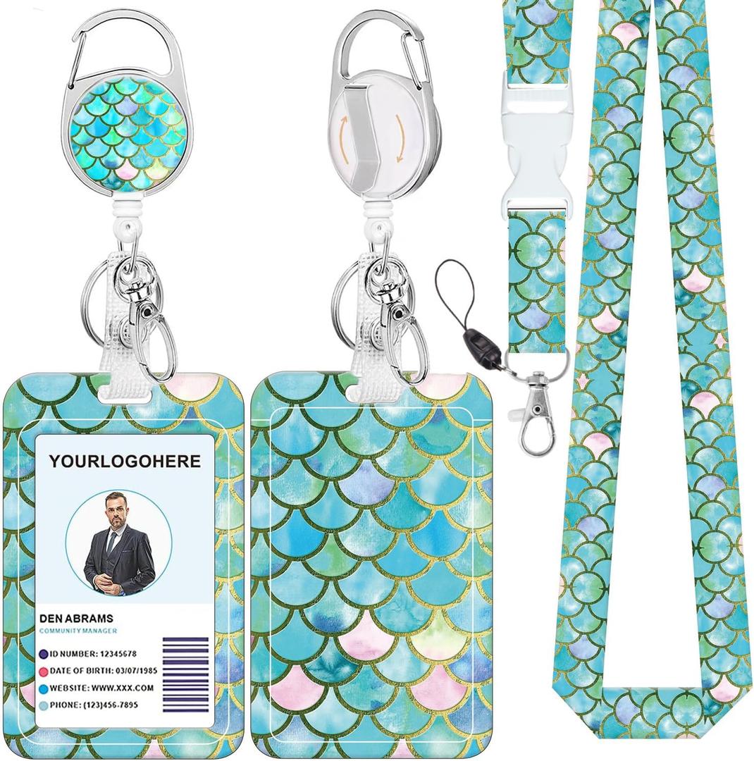 Badge Lanyard and ID Badge Holder, Retractable Badge Reels with Carabiner Reel Belt Clip, Strap Lanyard with Lobster Clasp for Badge Holders, Nurse Teacher Office Gifts(BLC-Mermaid-2-a)