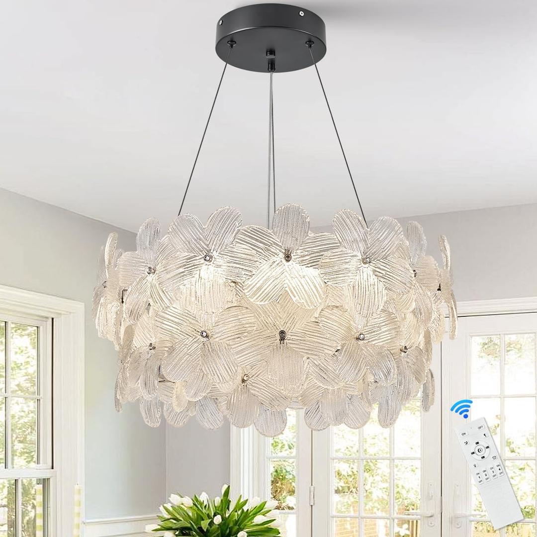 Flower LED Crystal Chandelier 20'' Modern Black Flush Mount Dimmable Chandelier Light Fixture with Remote Control for Dining Room Entryway Kitchen Bedroom(3000K-6500K)