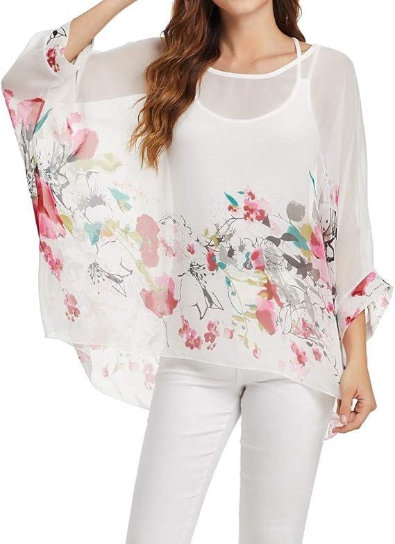 Women Chiffon Blouse Floral Batwing Sleeve Beach Cover Loose Tunic Shirt Tops (White Floral)