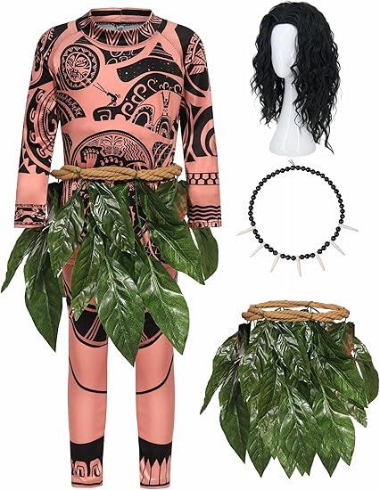 3 Pcs Maui Costume Kids Set with Wig Necklace Leaves Skirt Ocean Theme Cosplay Party Costume