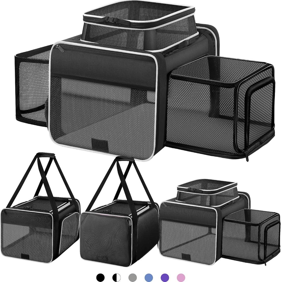 Top and 2 Sides Expandable Cat Carrier 18x11x11, TSA Airline Approved Dog Carriers for Medium Dogs, Soft-Sided Pet Carrier with Self-Locking Zippers for Kitten,Rabbit, Puppy, Guinea Pig Black White