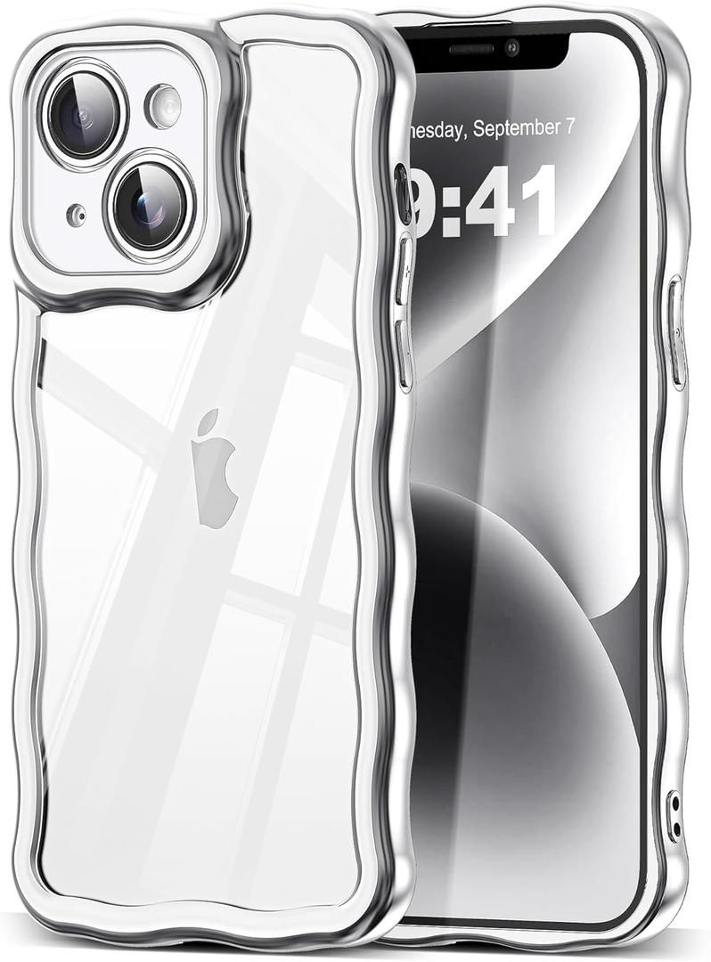 SKYLMW Compatible with iPhone 15 Case, Kawaii Cute Curly Wave Frame Luxury Plating Edge, Stylish Glossy Clear Back, Soft TPU Shockproof Protective Cases for iPhone 15, Sliver