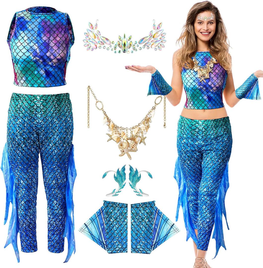 Leumoi 6 Pcs Mermaid Costume for Women summer Fish Scale Print Top Pants Gloves Starfish Pearl Necklace Set for Cosplay (M)