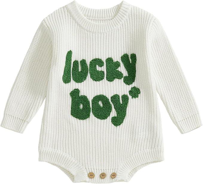 Newborn Baby Boy St Patricks Day Outfit Embroidery Knit Sweater Romper Long Sleeve Knitted Bodysuit, 3-6M