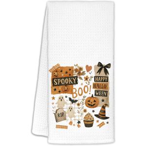 FDHSPAAM Boho Halloween Collage Kitchen Towels, Spooky Season Pumpkin Ghost Witchy Fall Doodle Dish Hand Tea Towels, Boho Fall Halloween Kitchen Bathroom Decor, 16x24 Inch