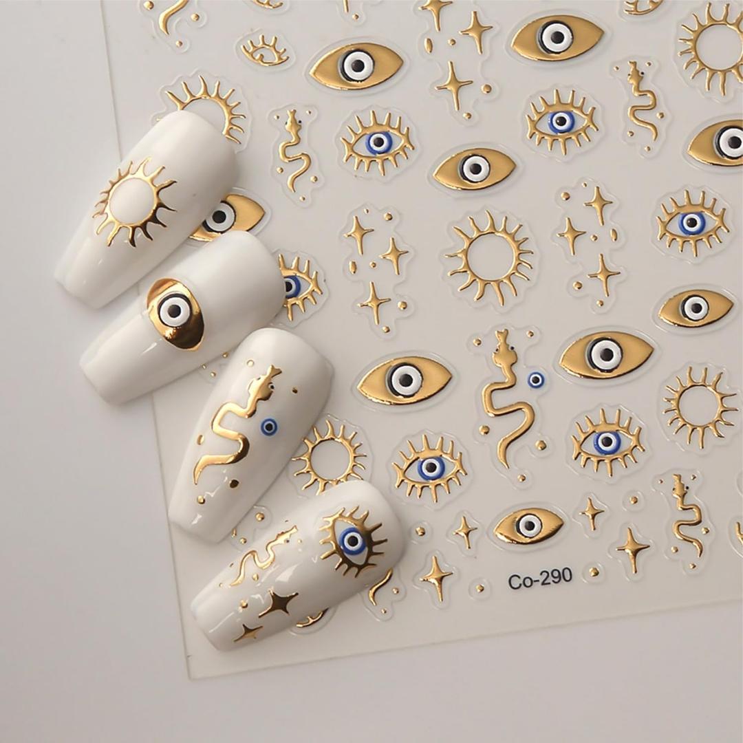 Gold Nail Art Stickers 5D Embossed Star Nail Decals for Nail Art Designs Gold Eyes Nail Stickers Decals Self Adhesive Star Moon Nails Supplies for Women Girls DIY Nail Decorations