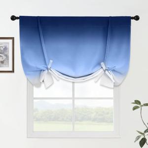 Yakamok Ombre Thermal Insulated Tie Up Curtains for Small Windows Gradient Blue to Grey White Blackout Room Darkening Shades for Bedroom Kitchen Rod Pocket Balloon Curtain W42 X L48 Inches, 1 Panel