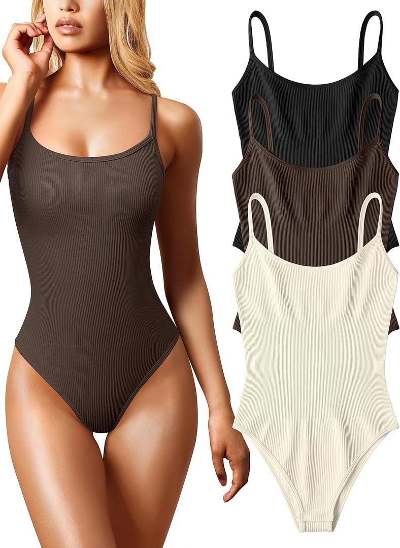 OQQ Women's 3 Piece Bodysuits Sexy Ribbed Sleeveless Adjustable Spaghetti Strips Tops Leotard 2025 Summer Black Darkbrown Beige (XL)