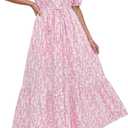Okiwam Summer Dresses for Women 2026 Casual V Neck Short Sleeve Boho Floral Midi Dress Button Down Beach Vacation Sundress (XXL)