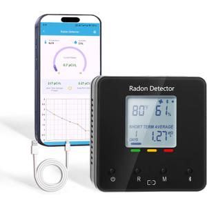 Bluetooth Radon Detector for Home & Basement, Portable Radon Test Kit with Real Time Gas Concentration, Temp & Humidity Monitoring, App Alerts, Detect Hidden Risks and Breathe with Confidence