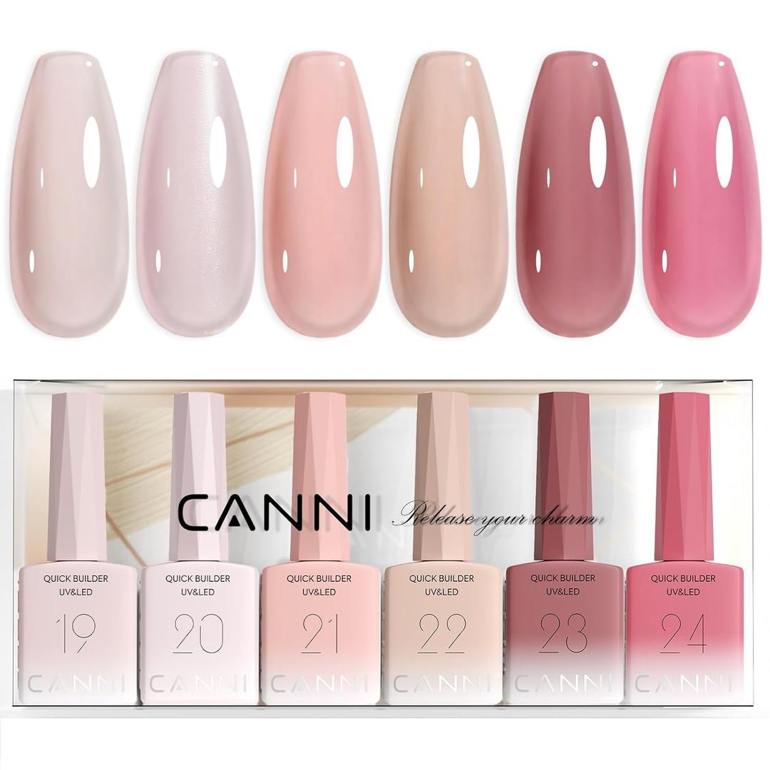 CANNI 6 Pcs 9 Ml Nude Pink Quick Builder Nail Gel Polish Set- Jelly Pink Builder for Nails Strengthener Gel Thickening Extension for Beginners DIY Home Salon Manicure