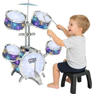 Kids Drum Set for Toddlers 1-3, Upgraded Light Up 5-Piece Jazz Drum Kit with Stool, Bass Pedal & Cymbal, Musical Instrument Percussion Beginner Toy Gift for Boys Girls Ages 3-5 5-7