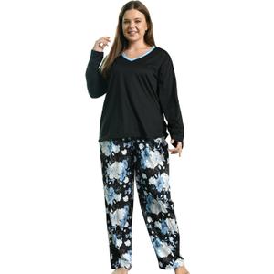 Vozanet Women Plus Size Pajama Sets Sexy V Neck Long Sleeve Long Pants Sleepwear Elegant Floral Patterns Lounge Set Size XL to 5X for Winter Nighty, Black/ Blue Flowers, 4X-Large