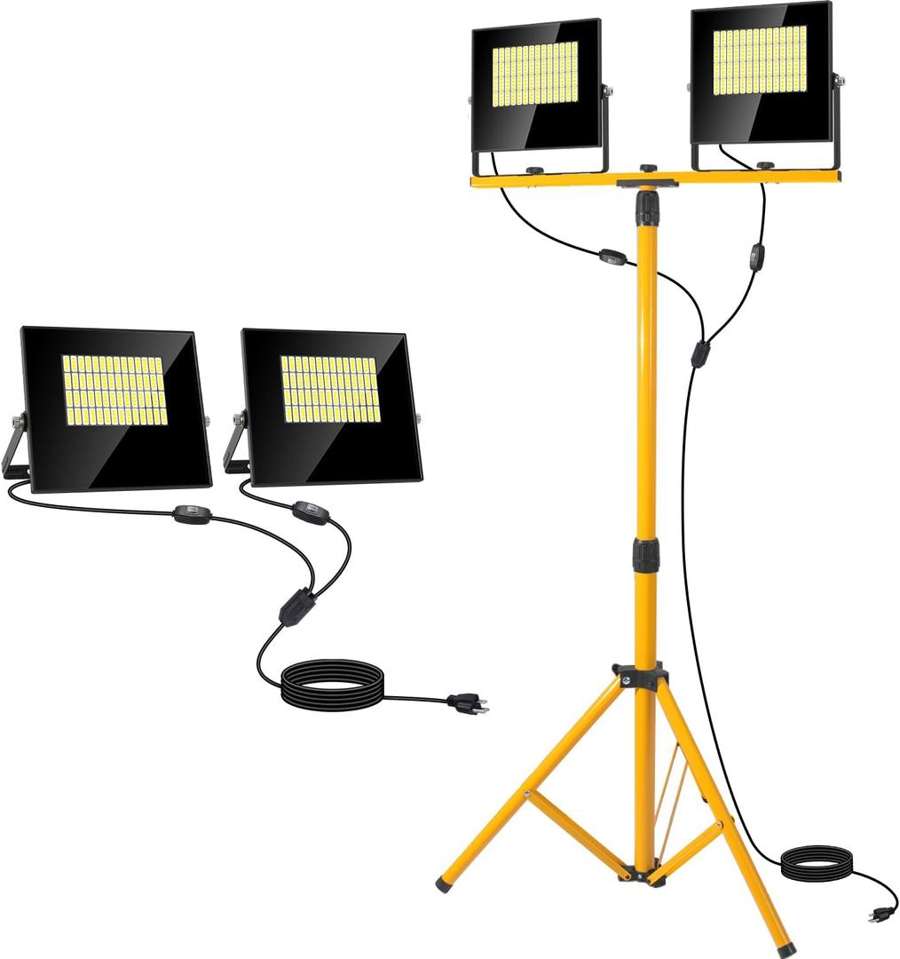 24000 Lumen LED Work Lights with Stand, Floodlight Work Light 2 Adjustable Head Work Light with 16FT IP67 Waterproof Tripod Work Light Stand for Construction Lighting