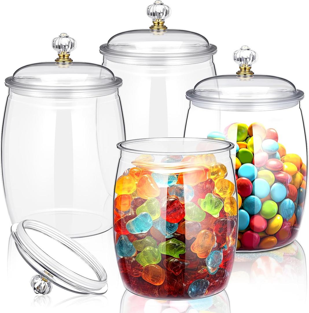 Nuogo 4 Pcs Plastic Candy and Cookie Jars with Lids Clear Cookie Container Candy Jars Large Airtight Apothecary Storage Organization for Wedding Home Kitchen Bar (80 oz)