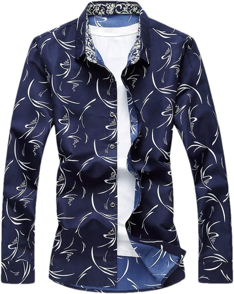 Vsadsau Men's Shirt Large Size Business Leisure Print Long Sleeve Shirt Slim Casual Shirt, Navy, 5XL