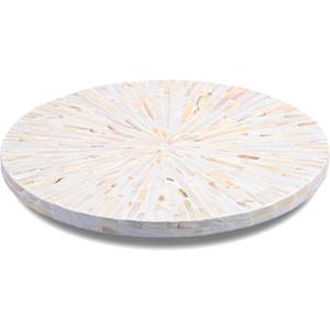 PEMAR Mother of Pearl Lazy Susan Table Top Spinning Tray Wood Decorative Turntable 360 Rotating Organiser for Kitchen, Cabinet, Spice Pantry, Counter 12.6" (White Cream Sunlight/Starburst Pattern)