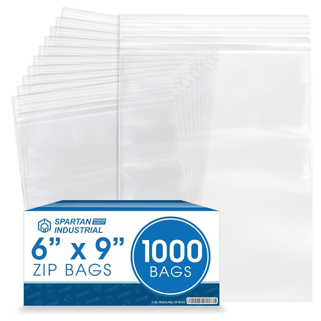 Spartan Industrial - 6 X 9 (1000 Count) 2 Mil Clear Reclosable Zip Plastic Poly Bags with Resealable Lock Seal Zipper