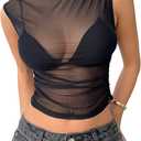 RoseSeek Women's Mesh See Through Tank Top Sleeveless Mock Neck Ruched Crop Tops Going Out Outfit (S)