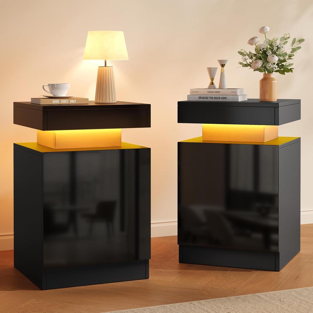 Nightstands Set 2, 15 Inches LED Night Stand Set of 2, Modern Bedside Table with LED Lights, High Gloss Surface, End Table with Storage for Bedroom, Black