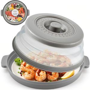EZMO 2 in 1 Collapsible Microwave Splatter Cover for food, with Tray & Handles - Vented Silicone Splatter Guard Lid - Vegetable Fruit Colander - BPA-Free Kitchen Gadget for Meal Prep  10.7 inch