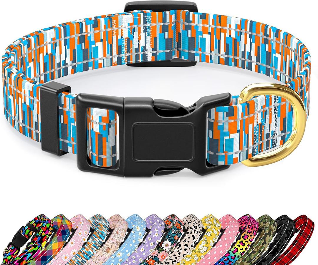 Reflective Dog Collar for Extra Small Dogs, Cute Boho Adjustable Heavy-Duty Nylon Puppy Collar for Boy and Girl Female, Soft Pet Accessories with Quick Release Buckle, Colorful Spliced (XS (Neck 8-12", Width 5/8"))