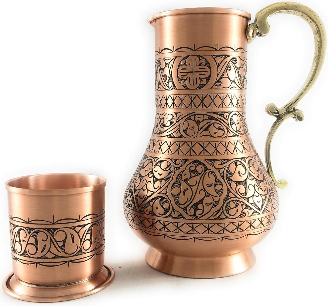 KS Series - Copper Pitcher (45 oz) and Cup (7.7 oz) Set, Moscow Mule Water Jug, Ice Tea and Juice Beverage, Desktop/Bedside Night Water Carafe, Ayurvedic Decanter (Engraved-Matte)