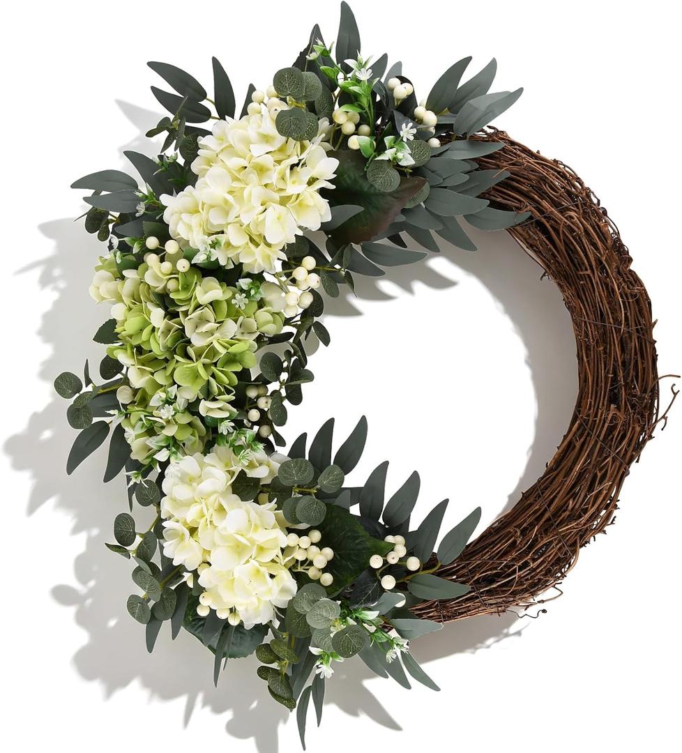 Spring Flower Wreath for Front Door, 20 Inch Hydrangea Door Wreath with White Berries, Summer Eucalyptus Wreaths for Front Door Outside All Season, Farmhouse, Indoor Outdoor Wall Decor