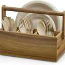 Acacia Paper Plate Dispenser, Paper Plate Holders with Handle, Picnic Silverware Caddy for Party, Cutlery Holder for Countertop, Wood Utensil Organizer for Home Kitchen & RV