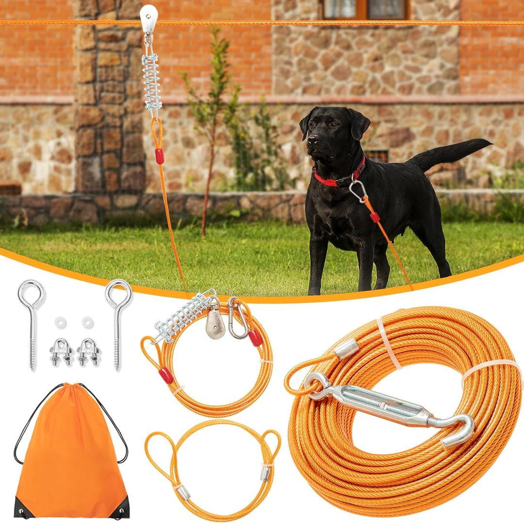 100FT Dog Tie Out Cable with 10FT Trolley Run Leash for Yard, Heavy Duty Pet Runner Cable Lead Leash for Small Medium Large Dogs Camping, Training, Hiking, Outdoor