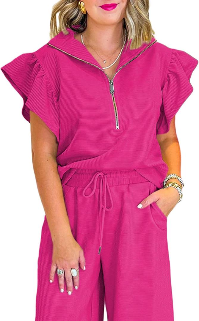 SELINK Two Piece Sets for Women Summer Outfits Ruffle Cap Sleeve Zip Top Wide Leg Pants Lounge Set Tracksuits (XX-Large, Rose)