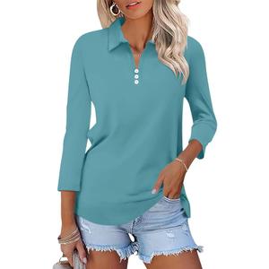 Womens Tops 3/4 Sleeve Polo Shirts Business Casual V Neck Collared Shirts Basic Tees Blouse, XL