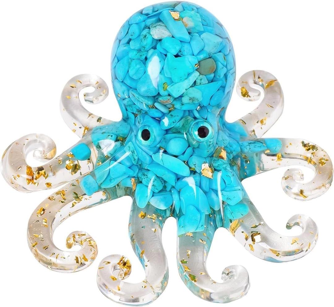 Octopus Decor Aquarium Turquoise Decorative Resin Glass with Natural Crystal Stone Marine Animals Fish Tank Ornaments Statue Healing Home Decor Ladies Gift 3.93"