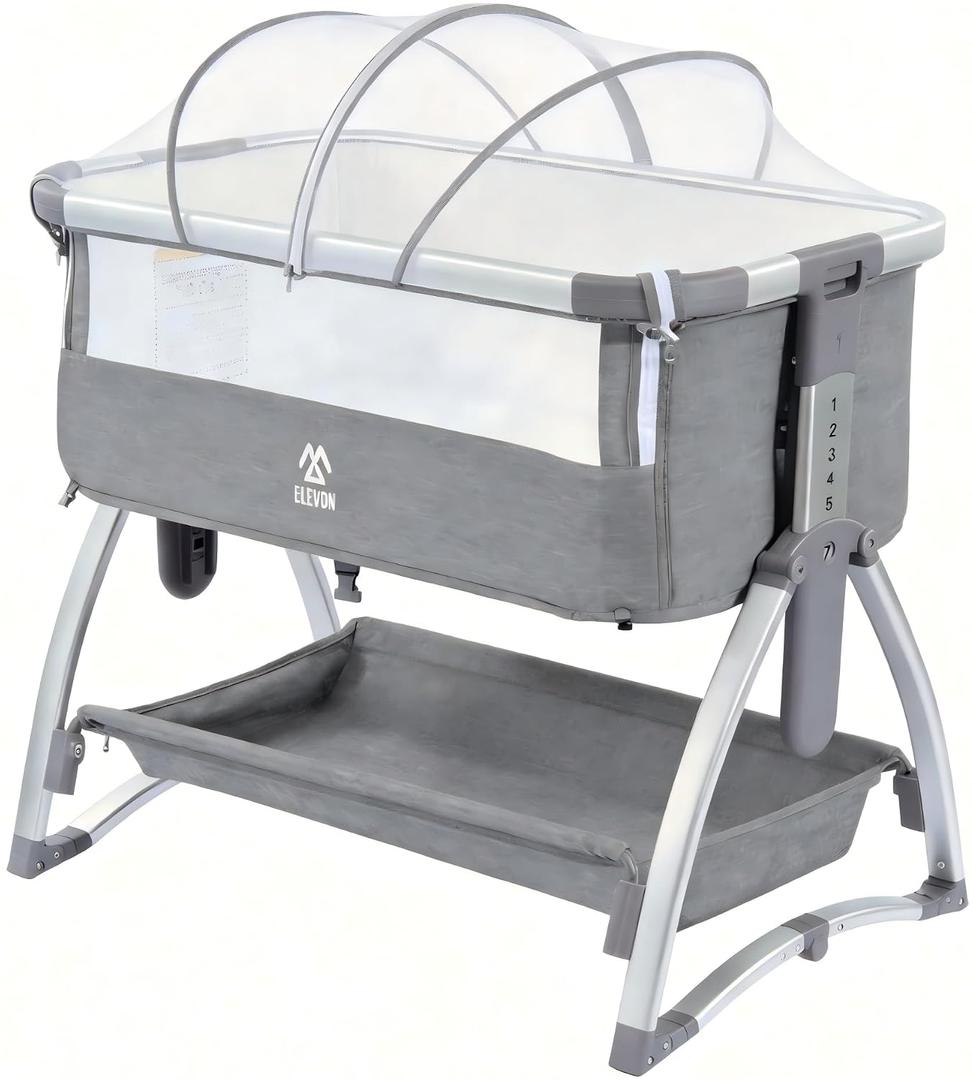 Elevon Bedside Bassinet, 4-in-1 Baby Bedside Sleeper with Rocking Mode, Breathable Mesh, Built-in Wheels, Adjustable 7 Heights, Portable Infant Bassinet with Mattress and Storage