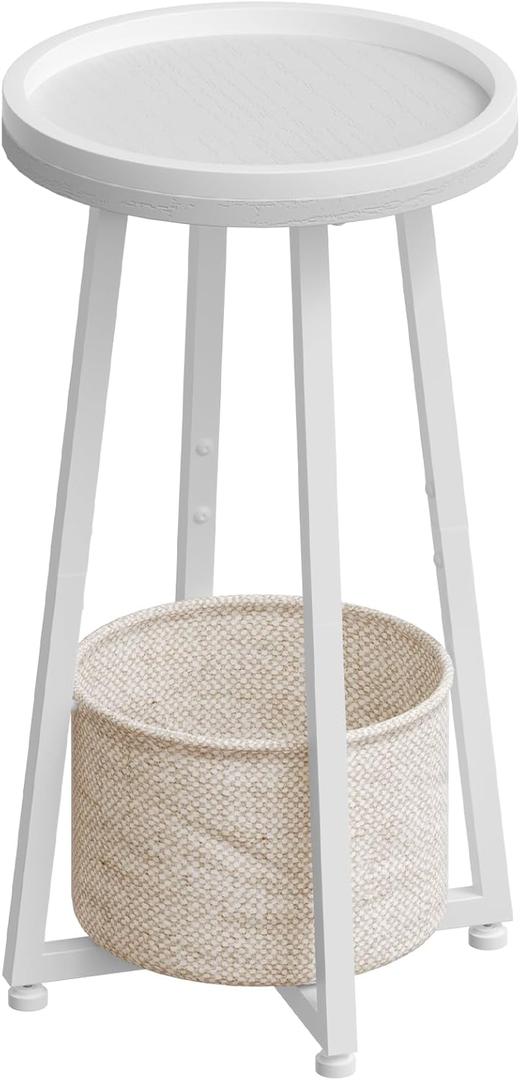 HOOBRO Small Round Side Table, 2-Tier Round Sofa End Table, Compact Nightstand with Fabric Storage Basket, for Small Space, Living Room, Bedroom, Dorm, White and Beige WW183BZ01