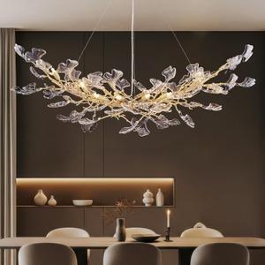 Modern Crystal Chandeliers for Dining Room - L55 inch Gold Tree Branches Ginkgo Leaf Chandelier for Living Room Kitchen Island, Rectangular High Ceiling Hanging Pendant Light Fixture