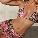 BEAUDRM Women's 4 Piece Cheetah Print Bikini Leopard Floral Bikini Sets Sexy Swimsuits with Skirt and Bandana Scarf (M)