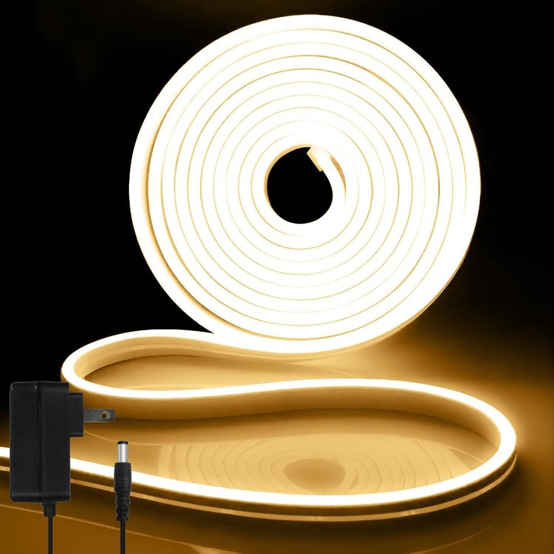 iNextStation 12V Warm White LED Strip Lights 16.4FT, Flexible Silicone Neon Rope Light with Power Adapter, Waterproof, Cuttable, Dimmable & Linkable, for Cabinet, Ceiling, Wall, Bedroom, Kitchen