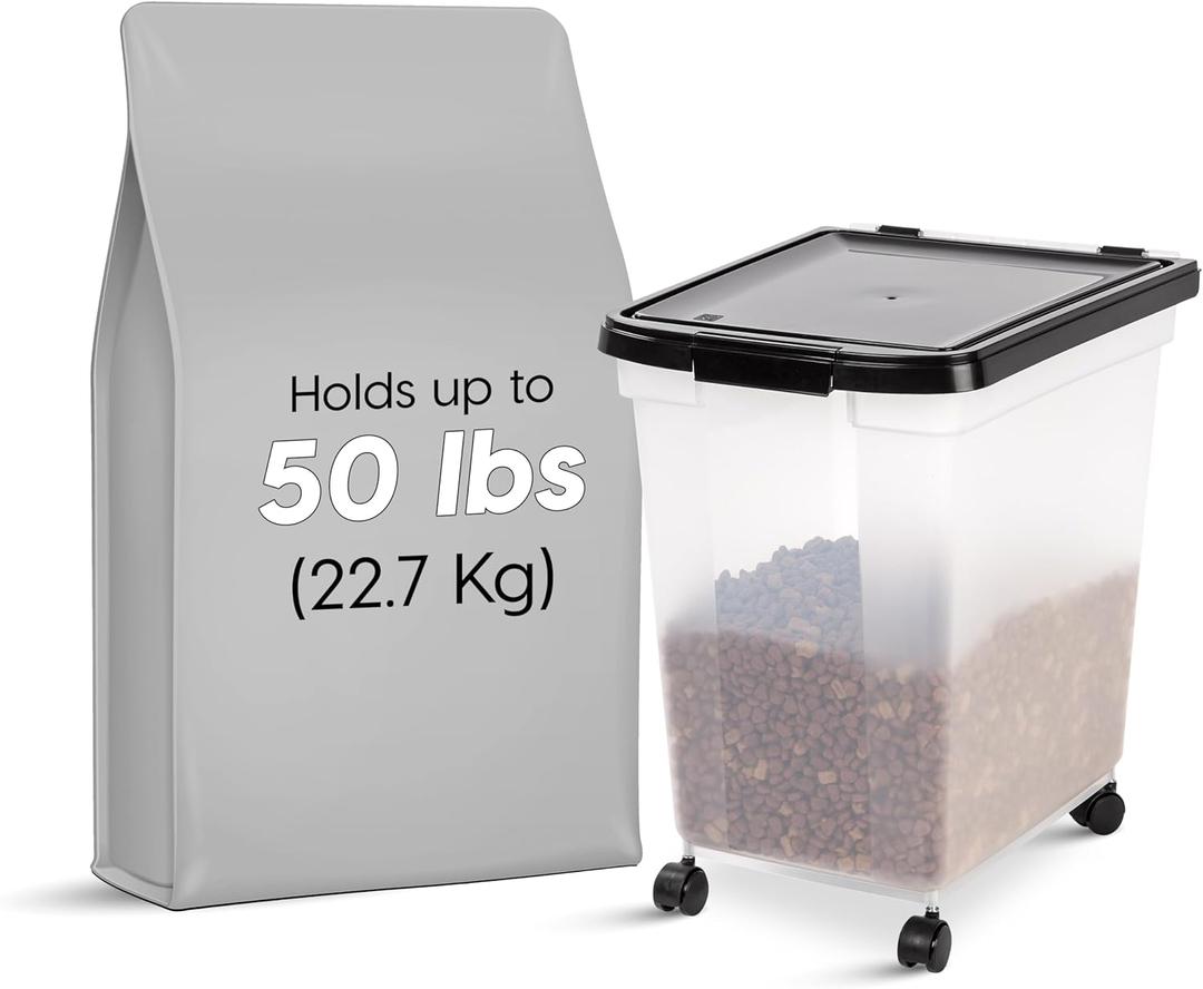 IRIS USA Airtight Dog Food Storage Container, WeatherPro, Up to 50 lbs, Removable Wheels, for Dog Cat Bird and Other Pet Food Storage Bin, Keep Fresh, Translucent Body, Made in USA, Clear/Black