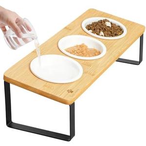 Sunhoo Raised Cat Food Water Bowl Elevated Tilted Kitty Dishes Set of 3 Ceramic Dish for Indoor Cats Orthopedic Pet Food Stand Reduces Vomiting 3 Bowl Cat Feeder Easy Assembly(Wood Color)