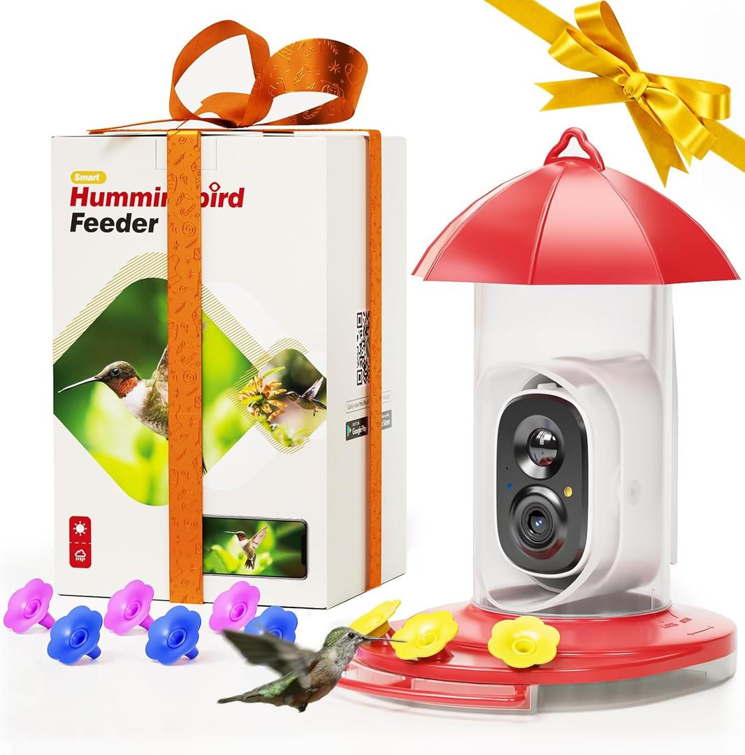 LongPlus Hummingbird Feeder with Camera, Smart BirdCamera, Bird Feeders with Ant Moat, Bee Proof, Bird Watching Camera with 3 Feeding Ports,Instant Notification, Ideal Gift for Mom